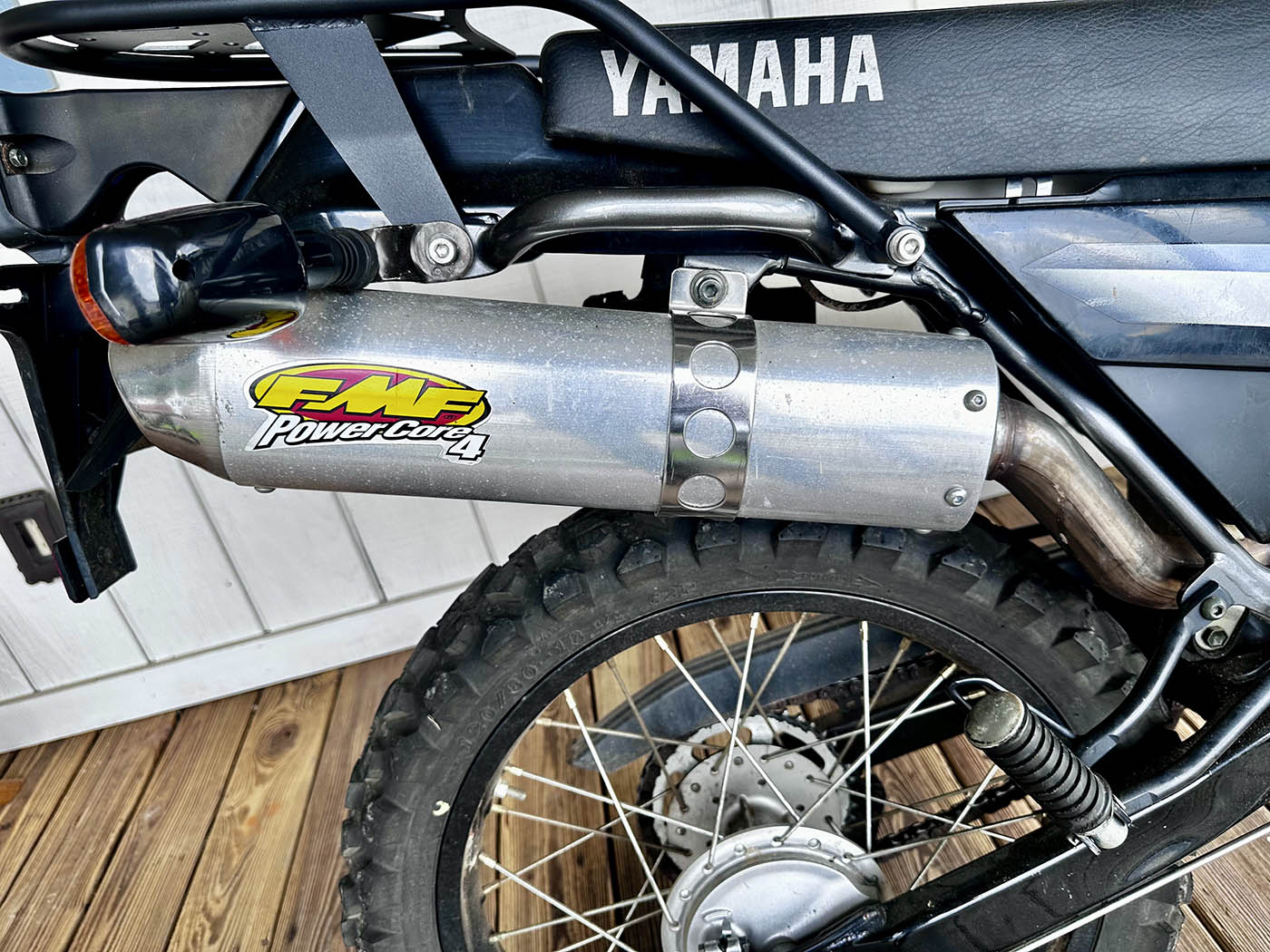 FMF PowerCore 4 exhaust and rear wheel detail